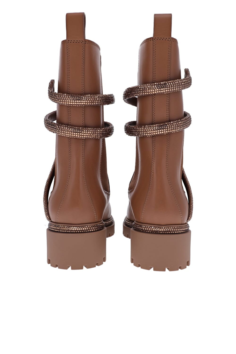 RENE CAOVILLA Crystal Ankle Wrap Brown Leather Biker Boots
