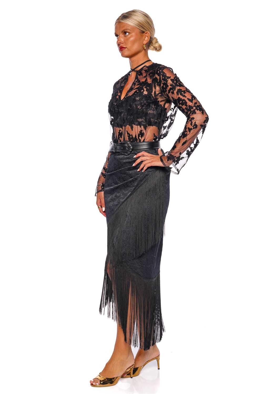 Silvia Tcherassi Natalia Black Fringed Midi Skirt