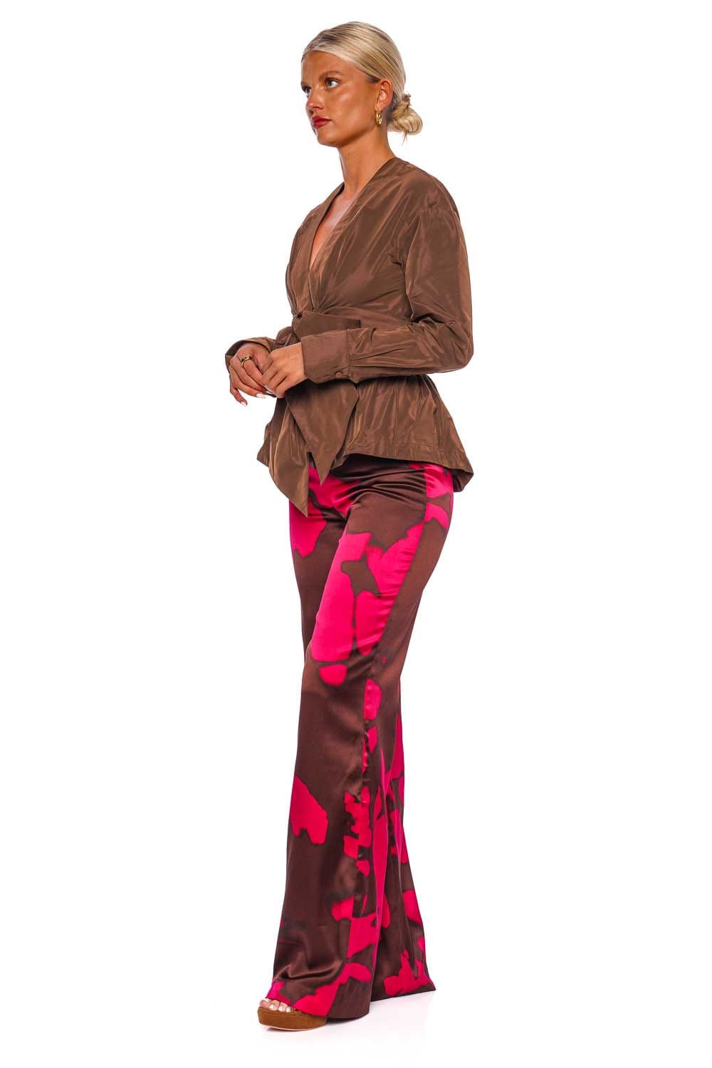 Silvia Tcherassi Andie Fuchsia Printed Silk Wide Leg Pants