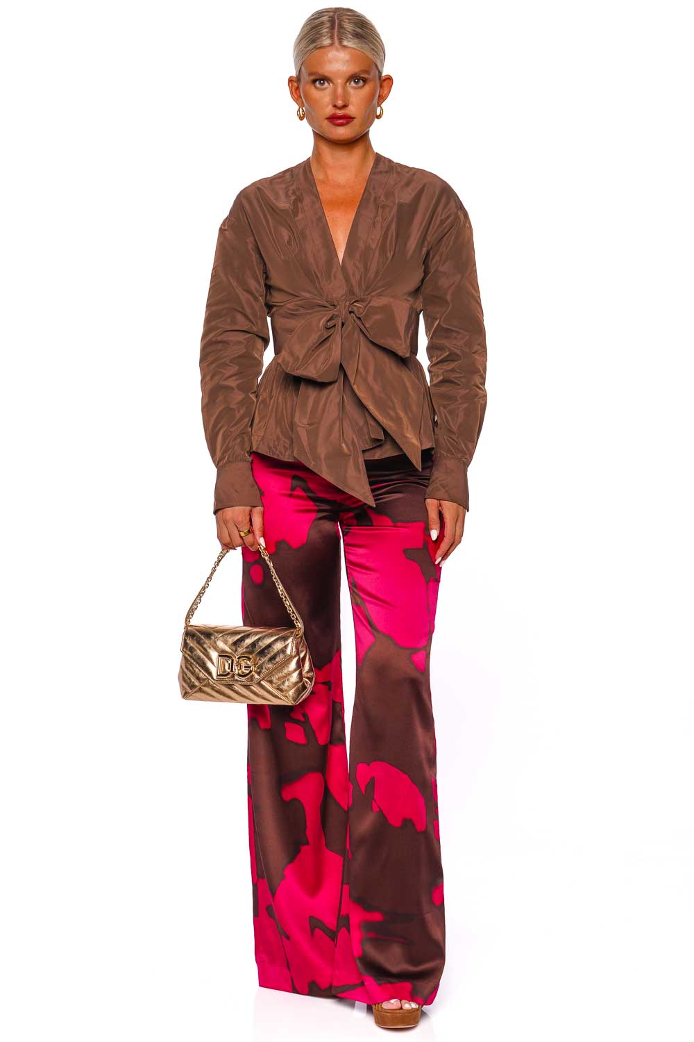 Silvia Tcherassi Andie Fuchsia Printed Silk Wide Leg Pants