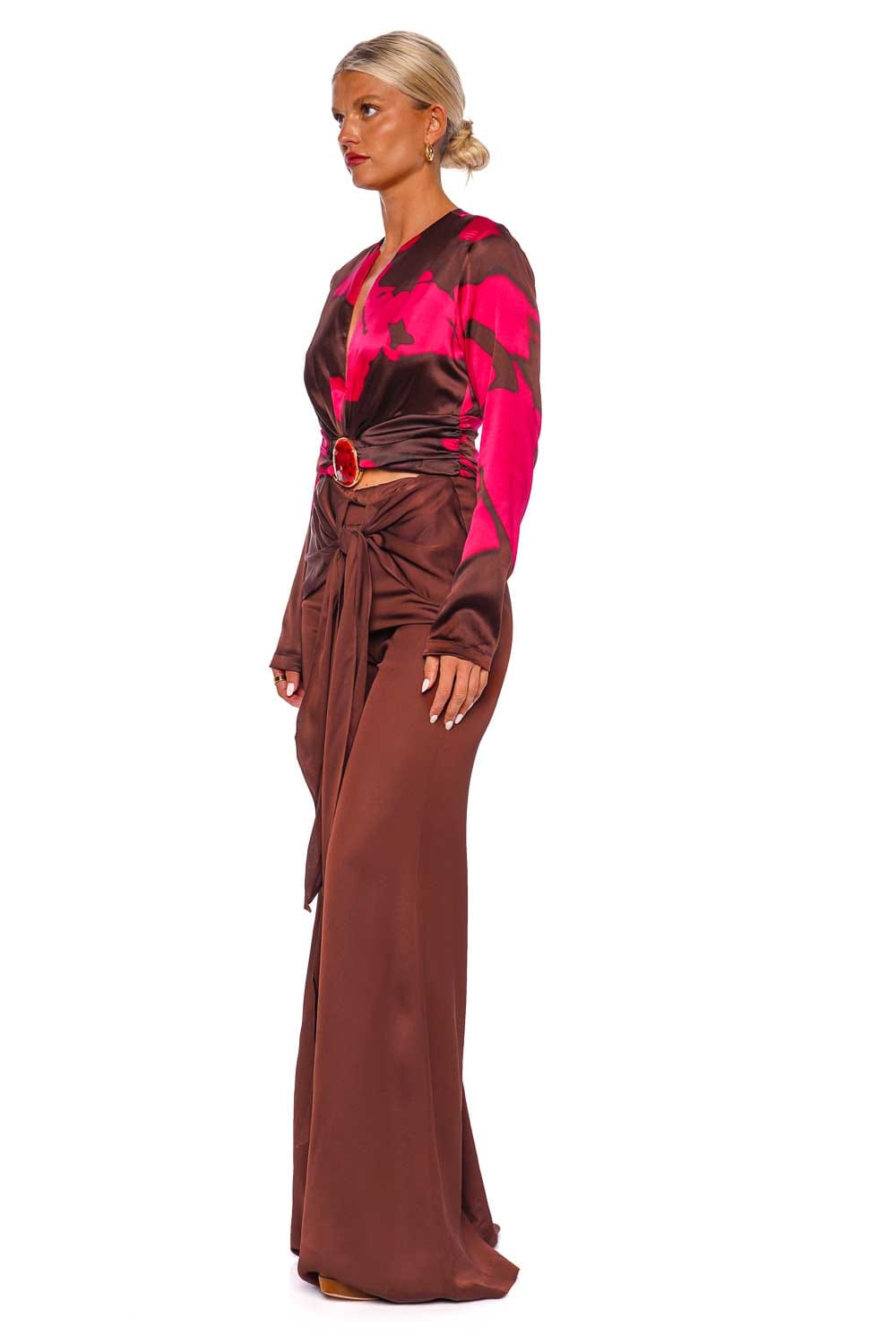 Silvia Tcherassi Noa Brown Tie Waist Wide Leg Pants
