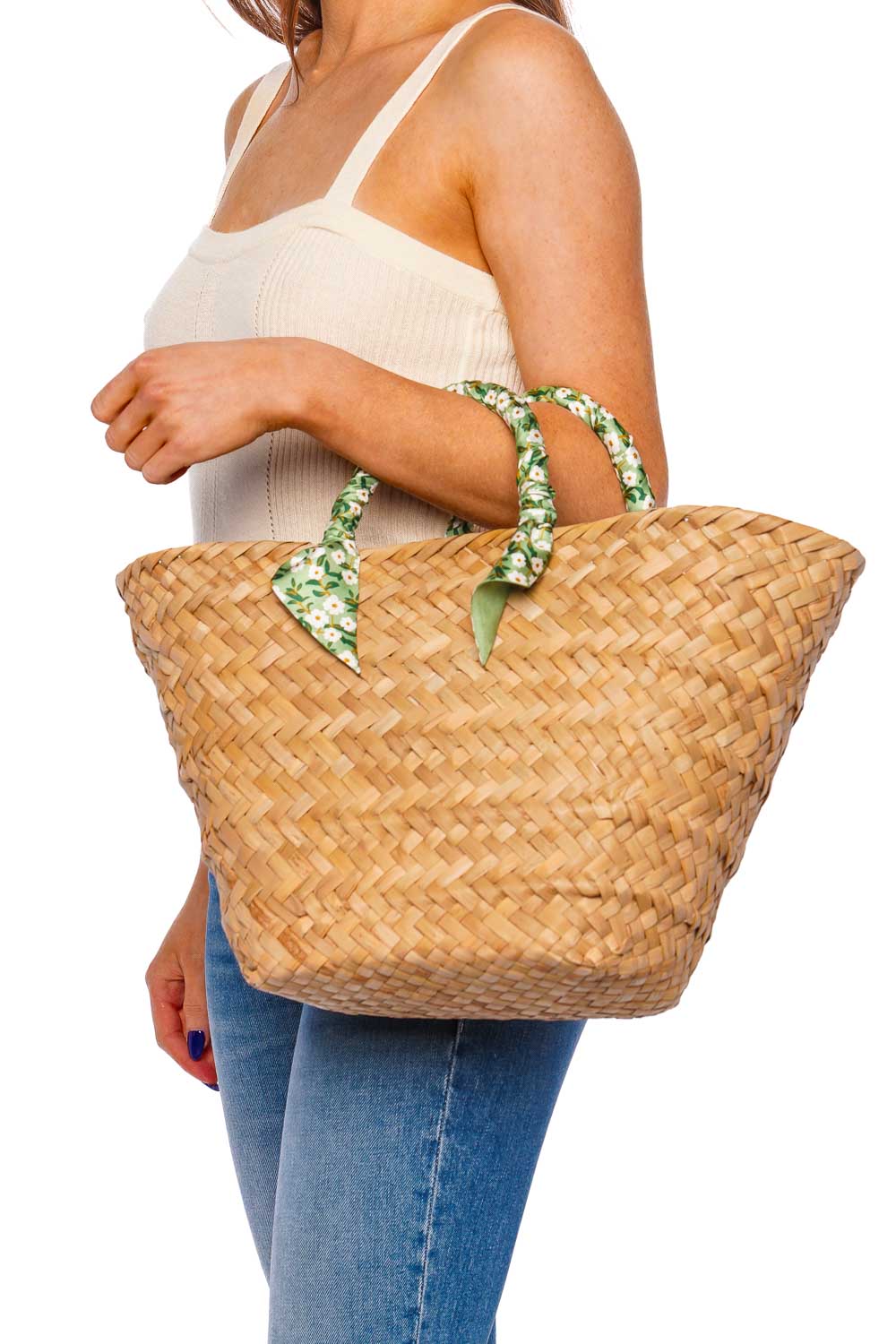 KAYU Natalie Green Floral Scarf Straw Tote