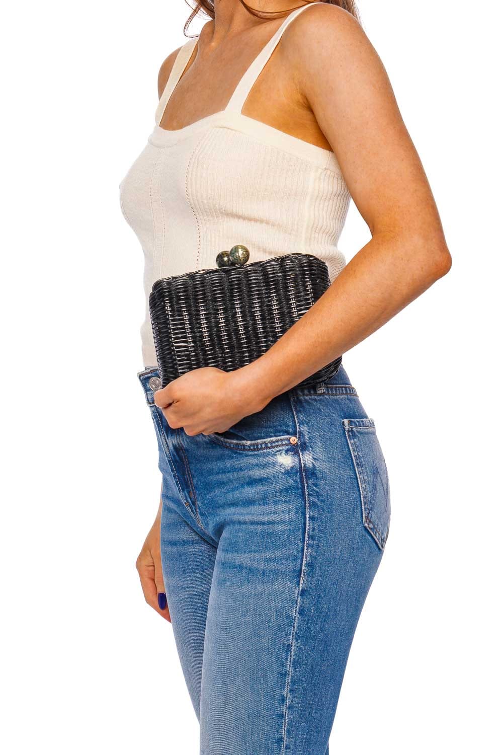 KAYU Grace Black Wicker Straw Clutch