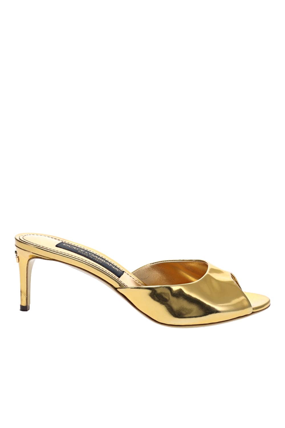Dolce & Gabbana Gold Peep Toe Patent Leather Mules
