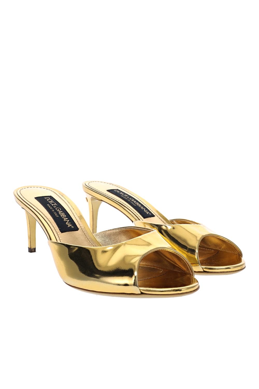 Dolce & Gabbana Gold Peep Toe Patent Leather Mules