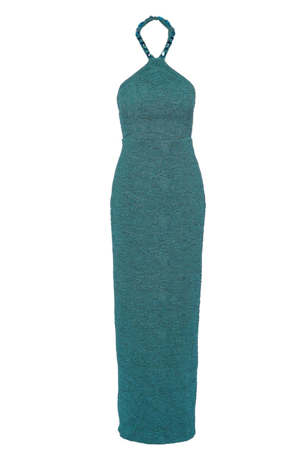 PatBO Peacock Stretch Jacquard Halter Maxi Dress