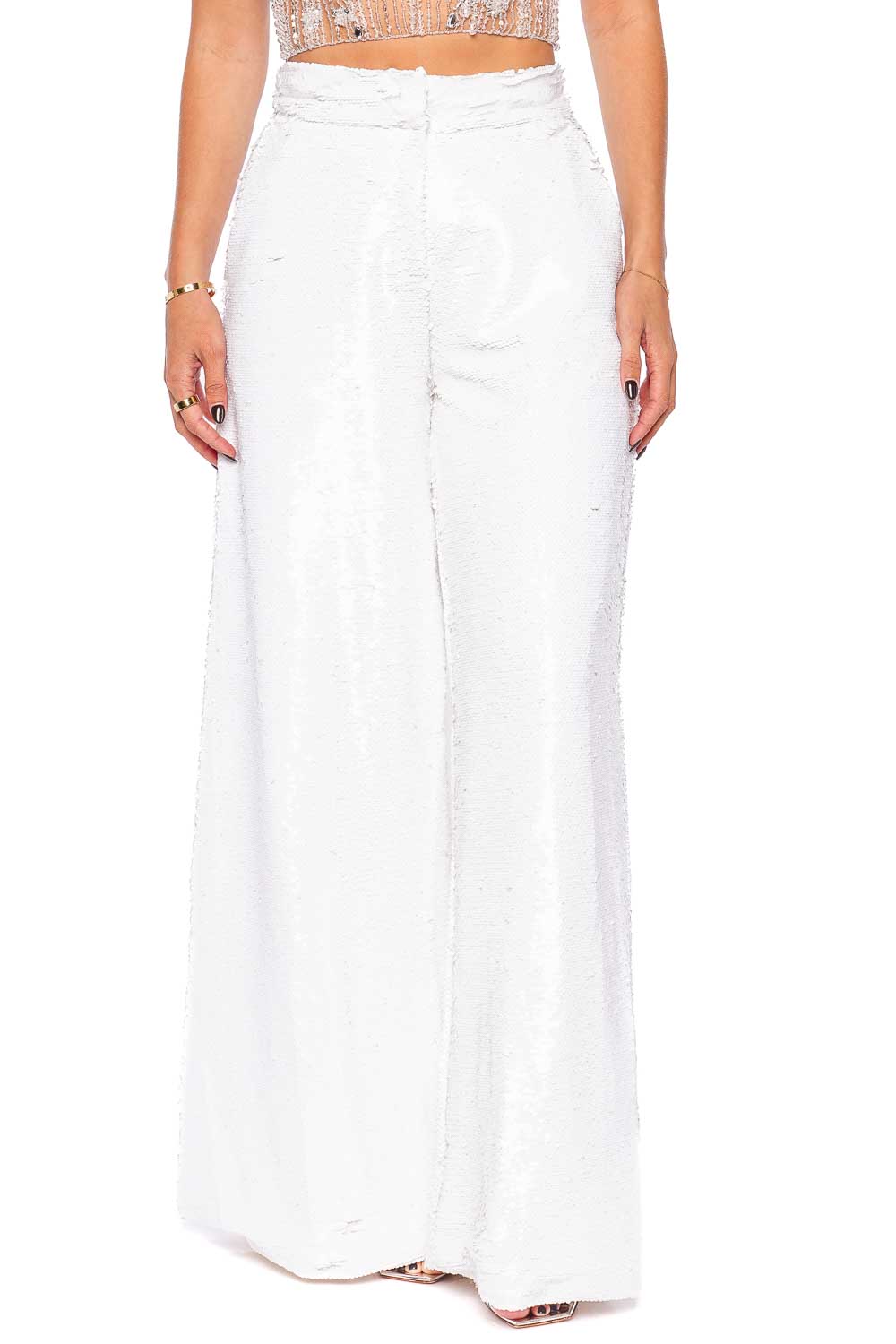 PatBO White Sequin Wide Leg Pant CAL25964US WHITE