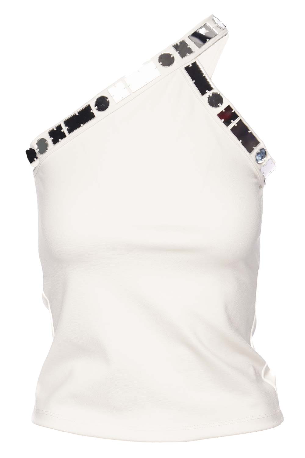 ILA Vanessa White Mirror Embellished One Shoulder Tank