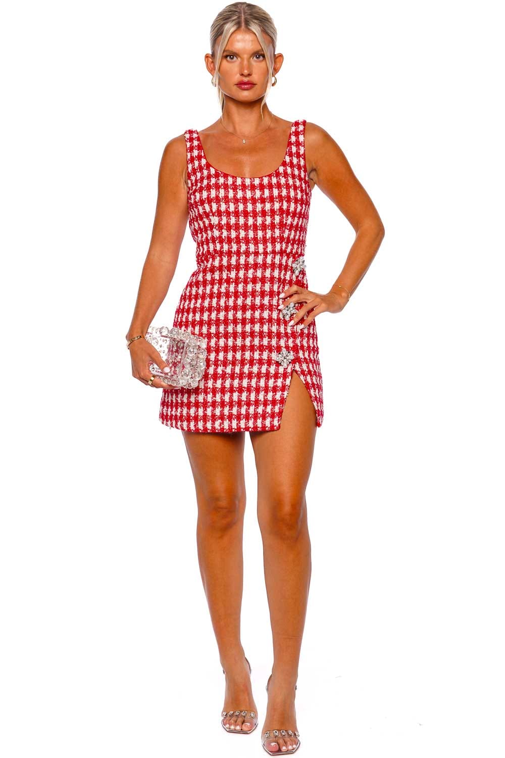 self-portrait RED CHECK BOUCLE MINI DRESS SC23-015S-R Color