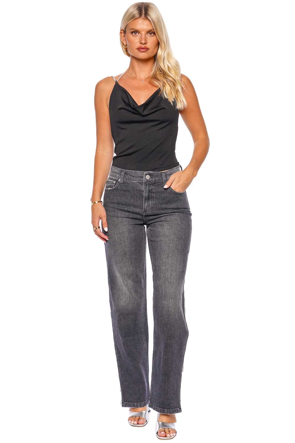 ALICE + OLIVIA Gayle Low Rise Embellished Side Baggy Jean CD957201EMB CHARCOAL