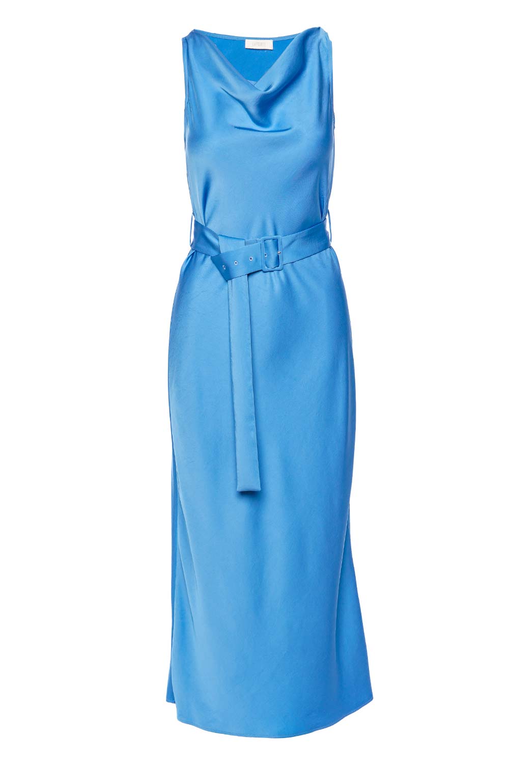 Sky Blue Textured Satin Belted Midi Dress