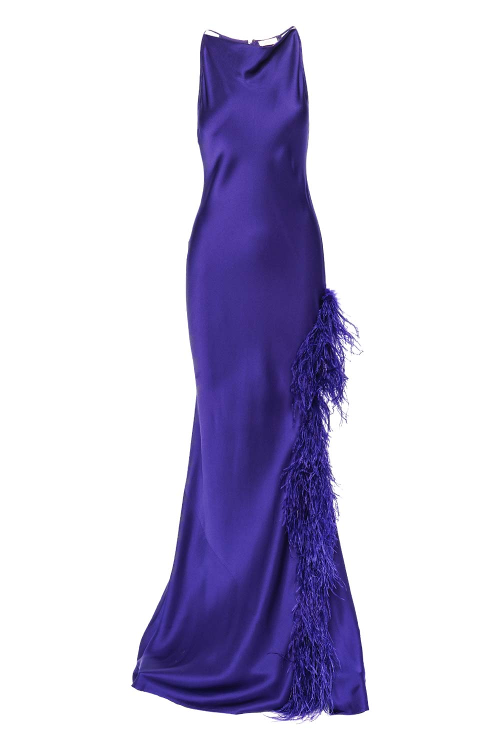 LAPOINTE Violet Satin Feather Trim Cowl Neck Gown