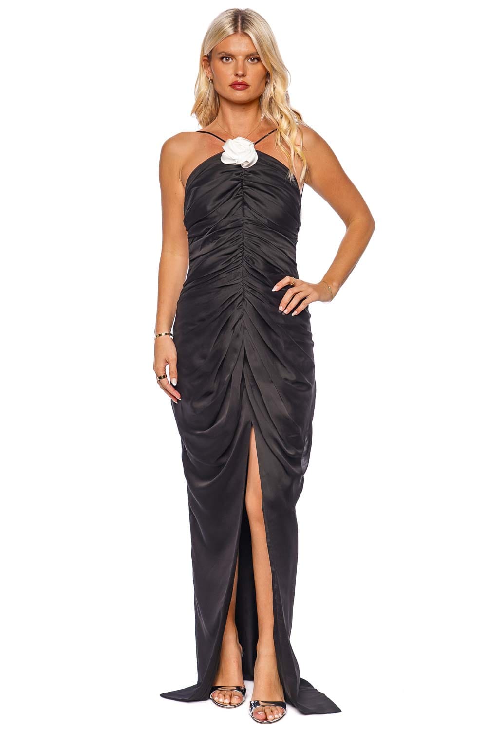 Rasario Flower Embellished Chiffon Maxi Dress RS24S001X010 BLACK