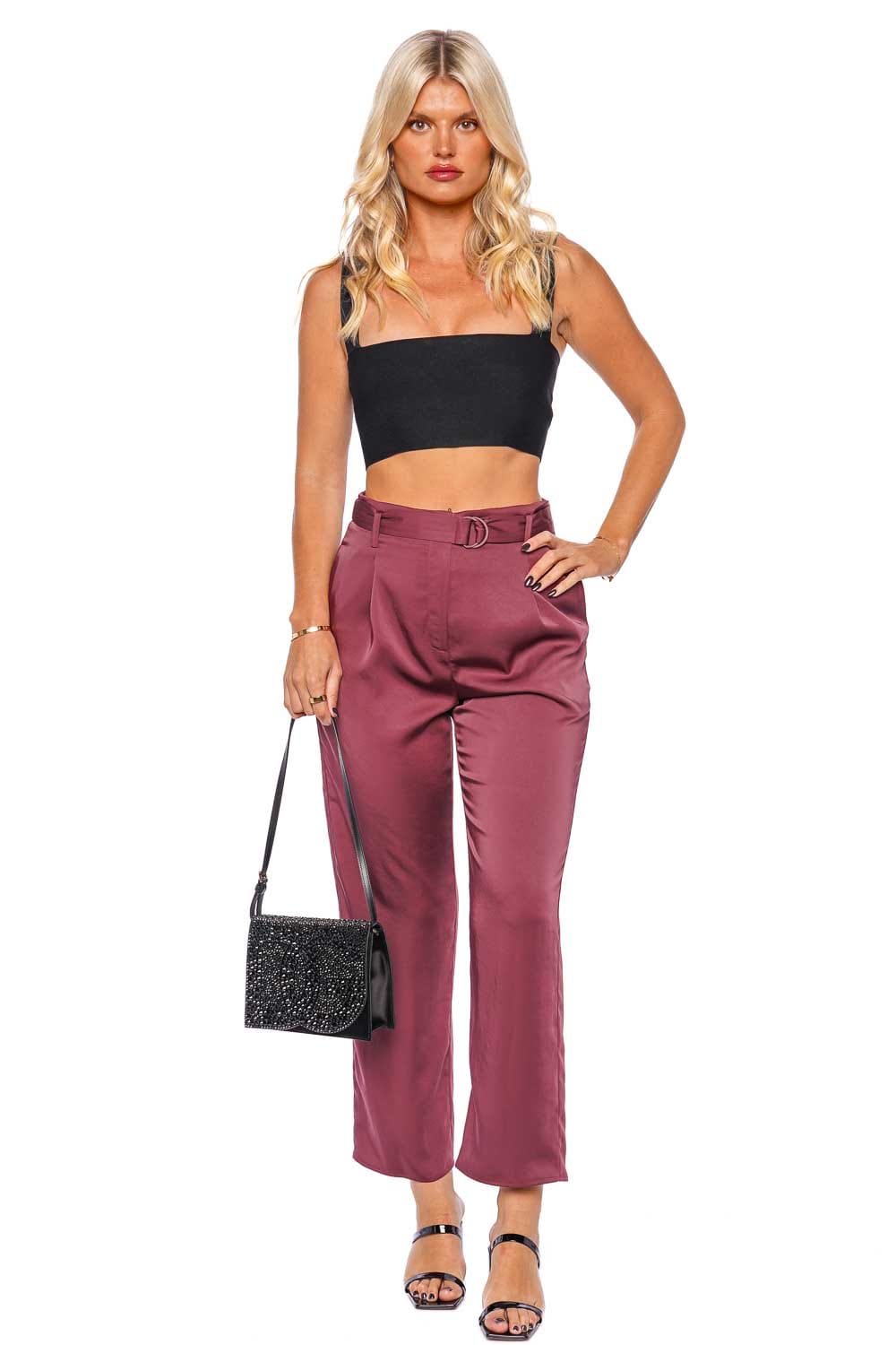 LAPOINTE Textured Satin Belted Cropped Pant E2237053OMA MERLOT