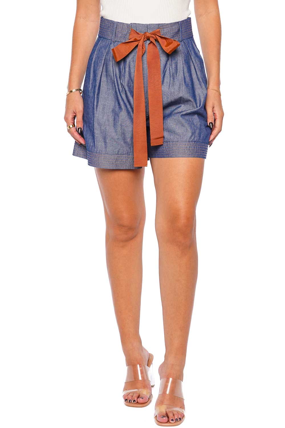 Cara Cara Zayna Chambray Ribbon Pleated Shorts