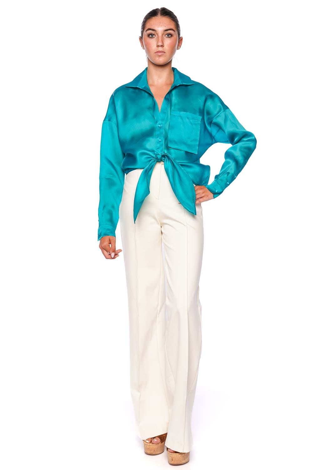 Andres Otalora Mulata Teal Knotted Button Front Blouse