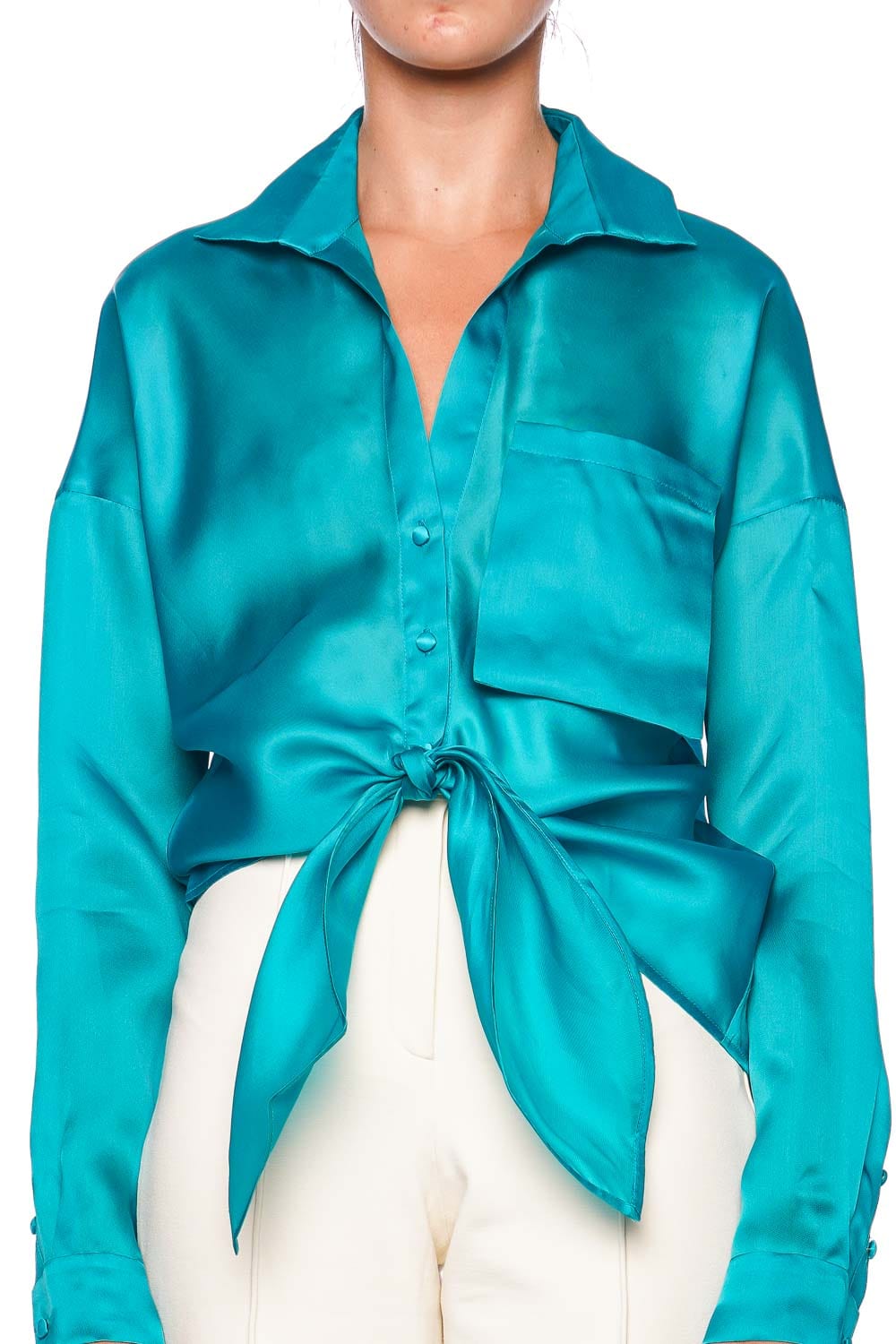 Andres Otalora Mulata Teal Knotted Button Front Blouse