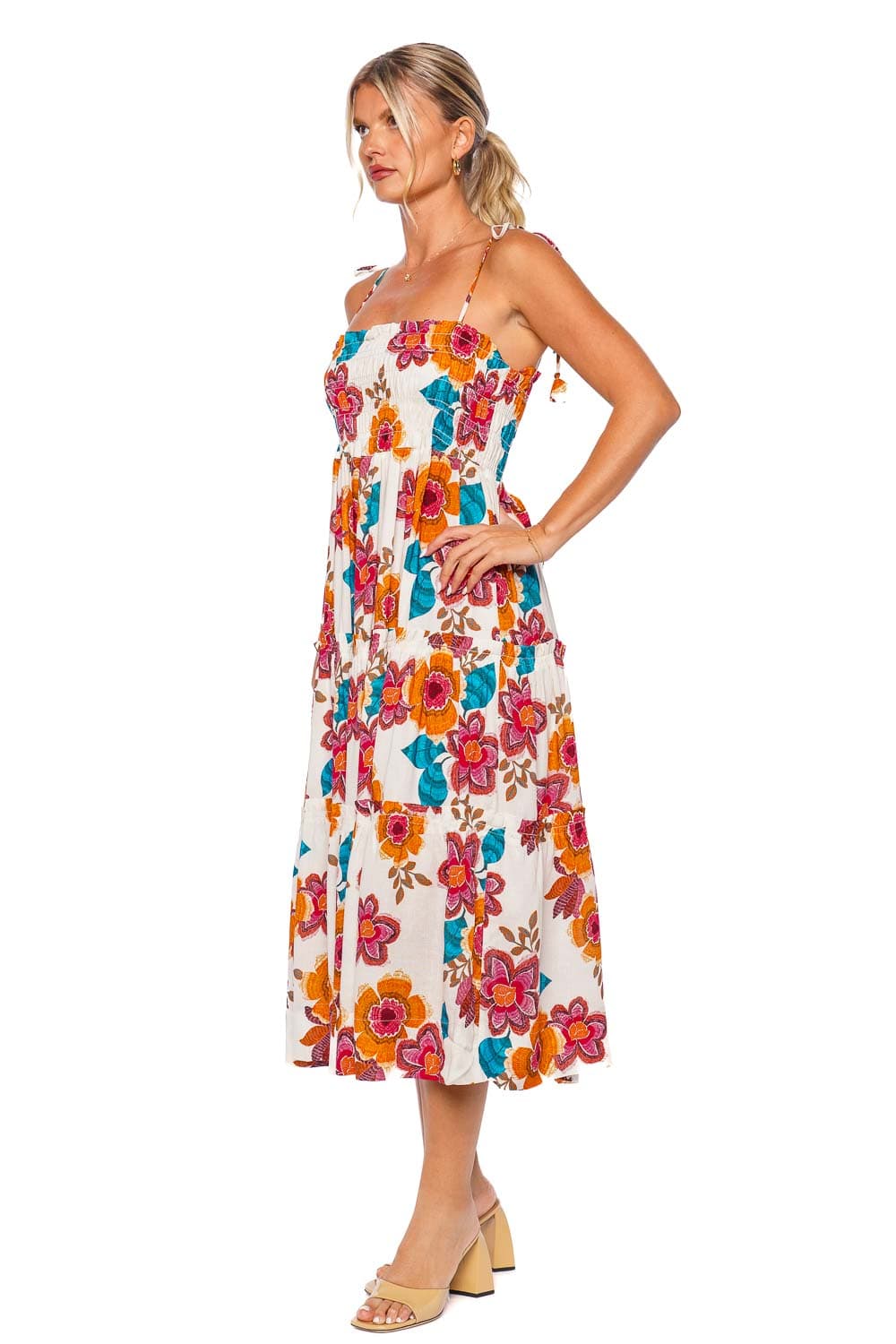 MISA LOS ANGELES Kamina Flora Marbella Smocked Midi Dress