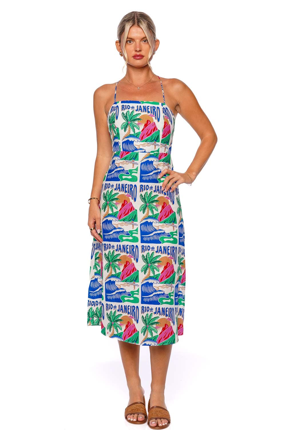 FARM Rio Carioca Posters Lace Up Midi Dress