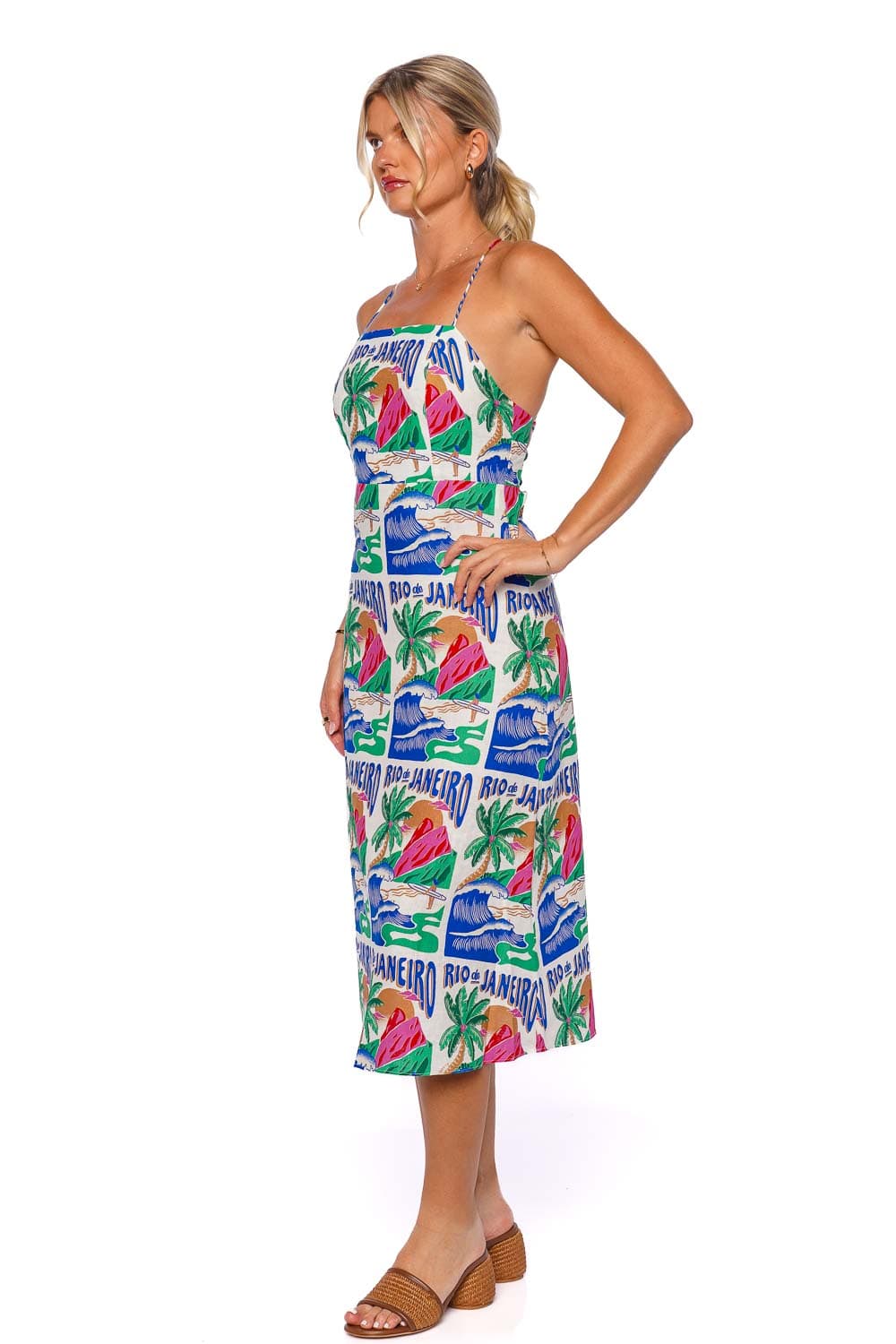 FARM Rio Carioca Posters Lace Up Midi Dress