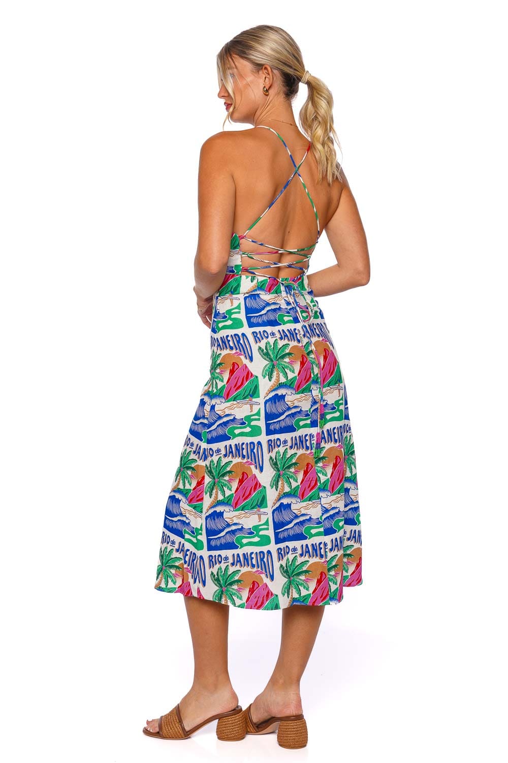 FARM Rio Carioca Posters Lace Up Midi Dress
