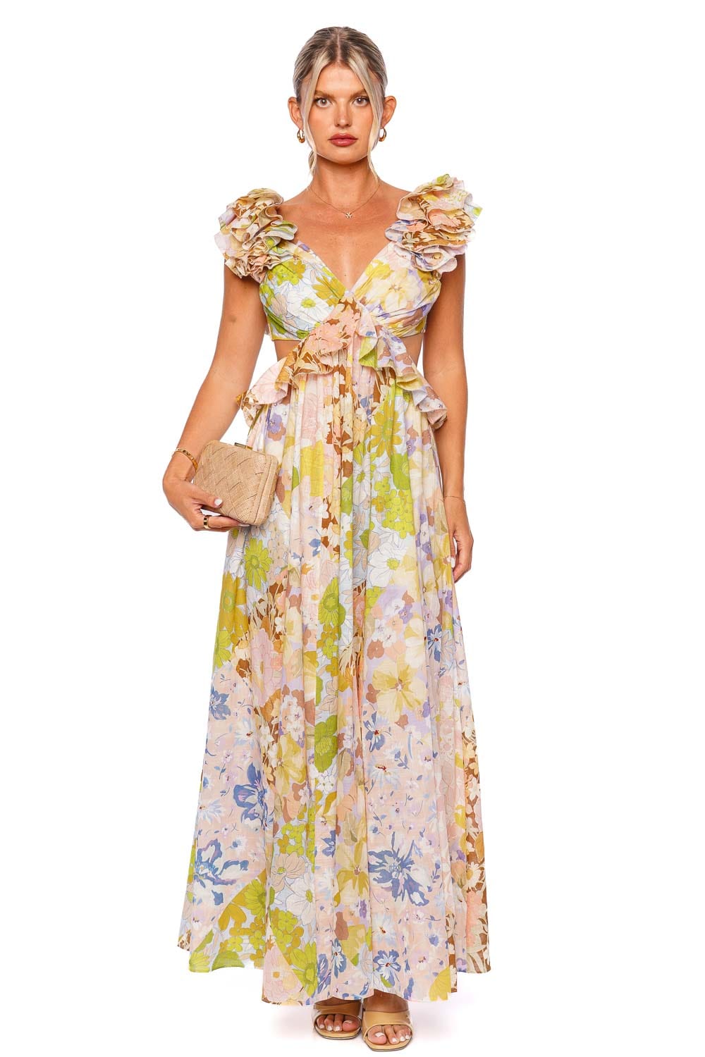 Pop Ruffled Patch Floral Midi Dress