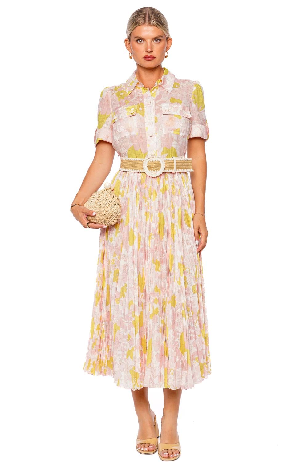 Pop Pleated Floral Belted Midi Dress