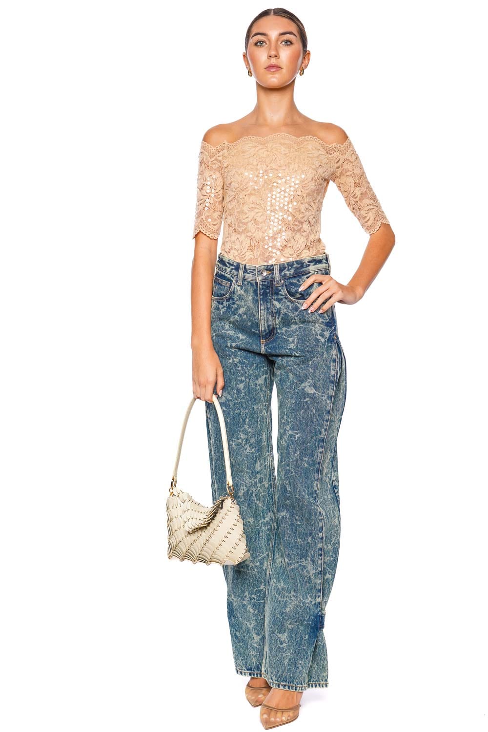 トップス rabanne  Sequin Embroidered Lace Off Shoulder Top
