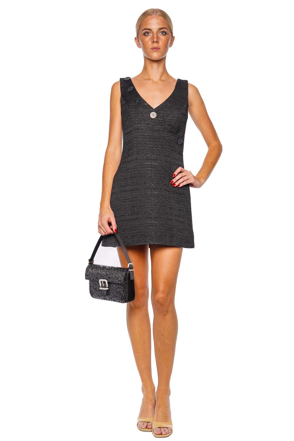 Matthew Bruch Black Tweed Wrap Button Mini Dress