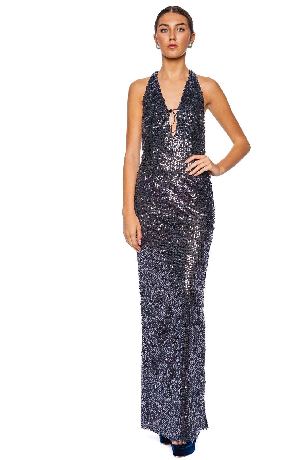 slim fit dress slacks Light Blue Halter Neck Glitter Dress main image 0