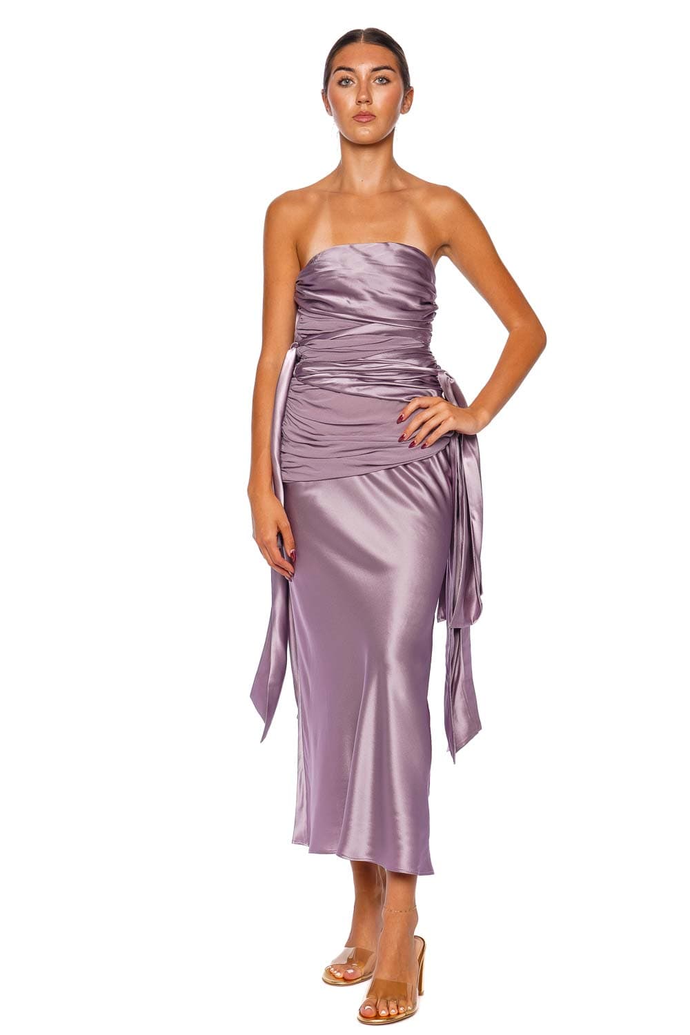 Christopher Esber Mauve Knotted Silk Gathered Midi Dress