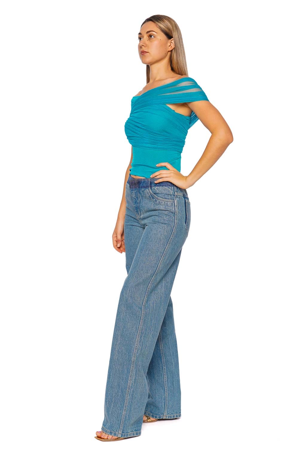 Christopher Esber Teal Crossed Tulle Ribbed Top