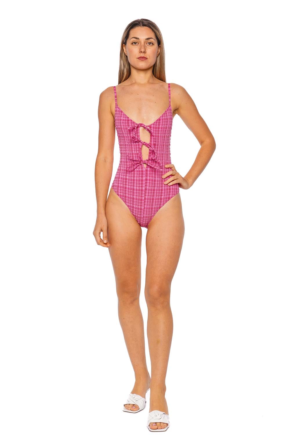 Lisa Marie Fernandez Fuchsia Seersucker Three Tie Maillot