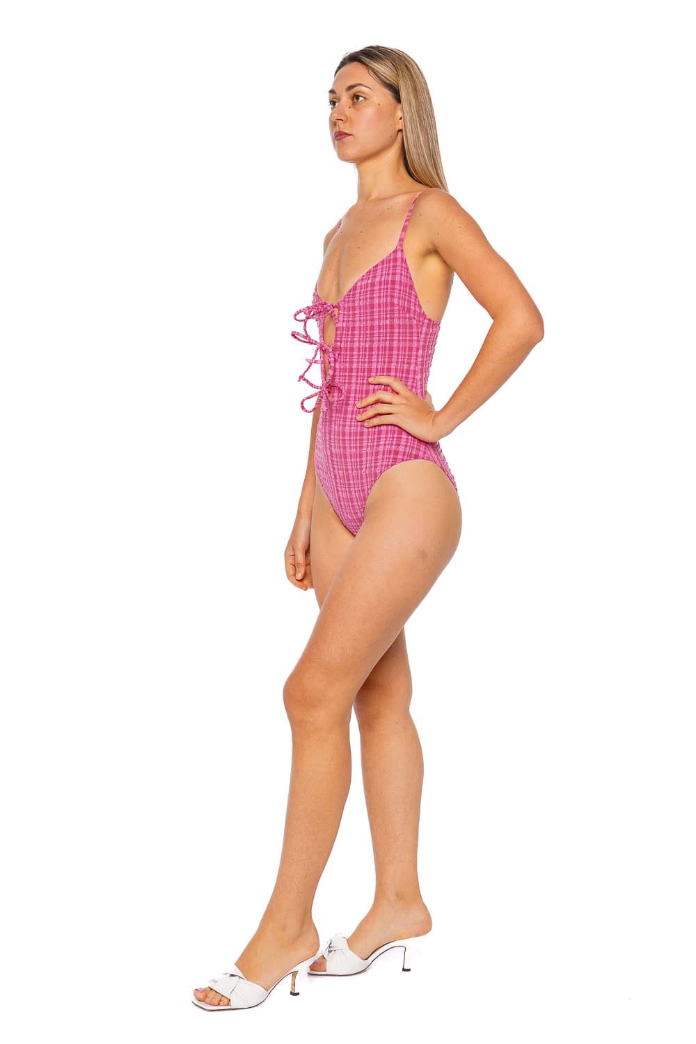 Lisa Marie Fernandez Fuchsia Seersucker Three Tie Maillot