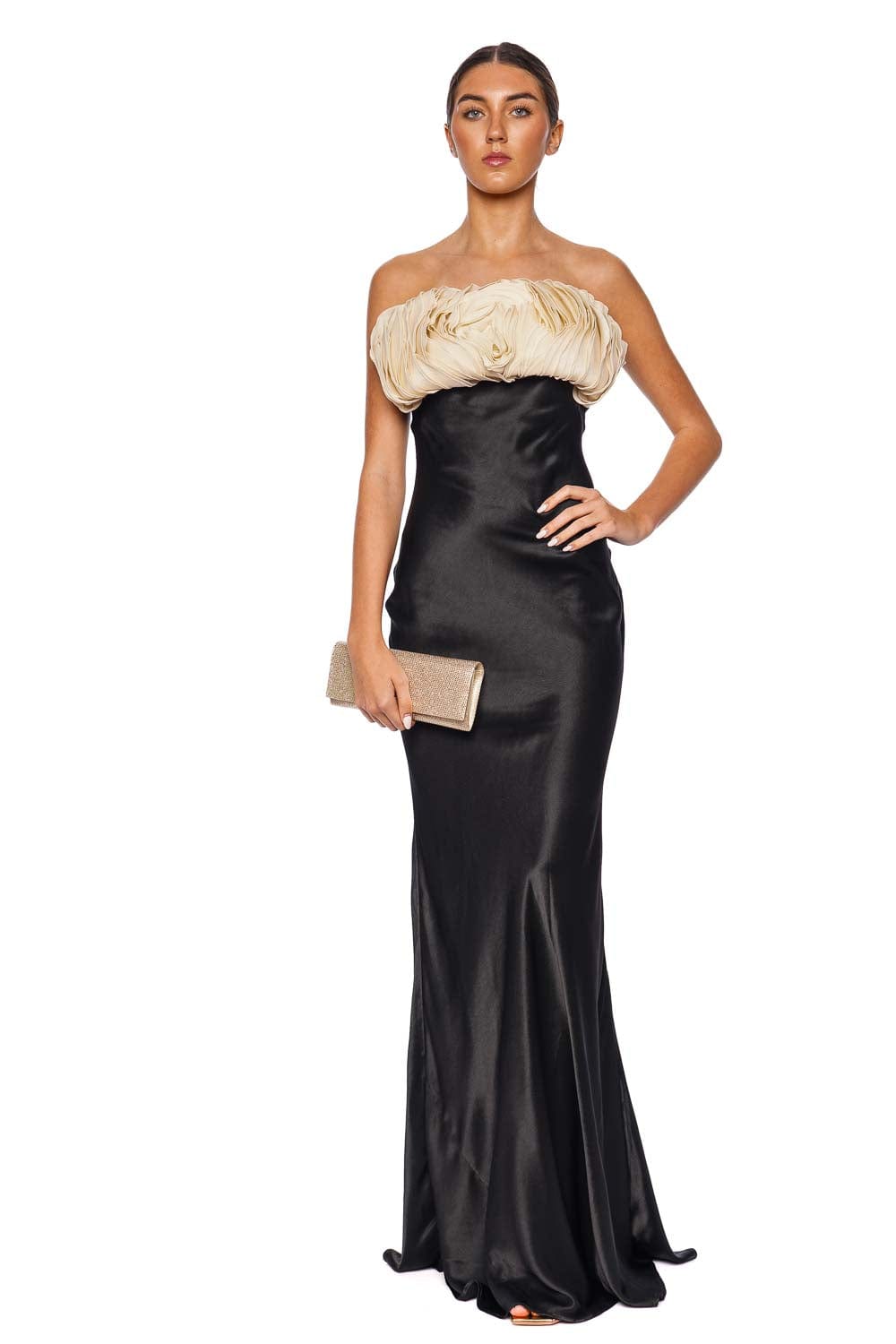 Rachel Gilbert Fiorella Black & Ivory Strapless Floral Gown