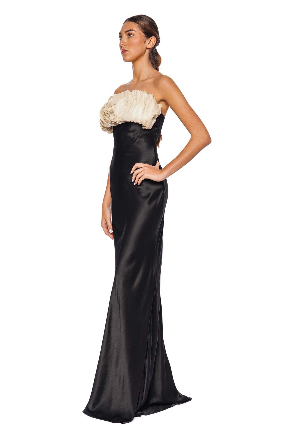 Rachel Gilbert Fiorella Black & Ivory Strapless Floral Gown