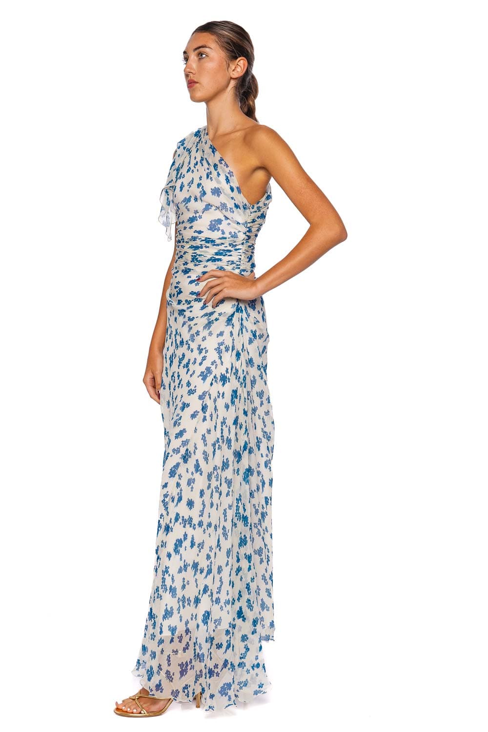 Victoria Beckham Floral Silk Chiffon One Shoulder Midi Dress