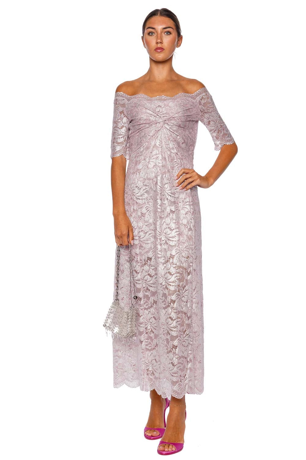 Rabanne Powder Pink Lace Off Shoulder Maxi Dress