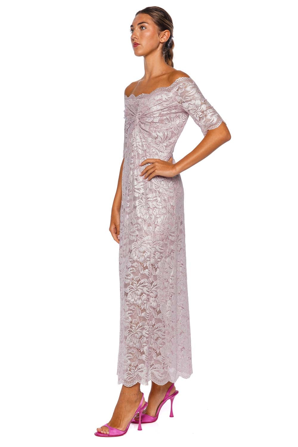 Rabanne Powder Pink Lace Off Shoulder Maxi Dress