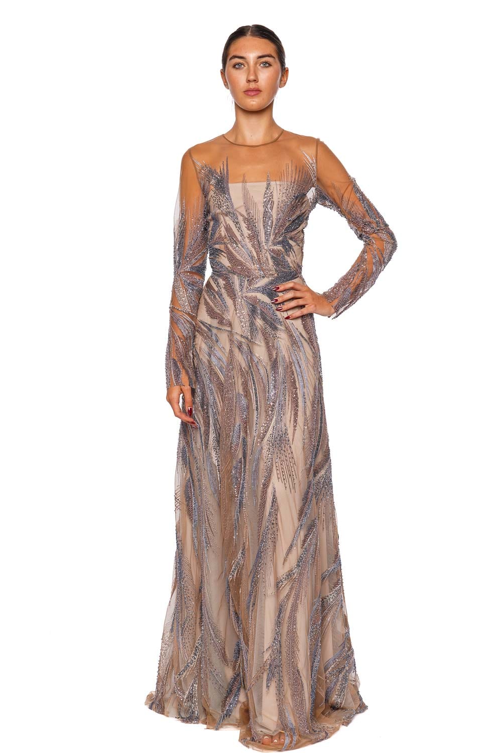 Naeem Khan Beaded Illusion Long Sleeve Gown