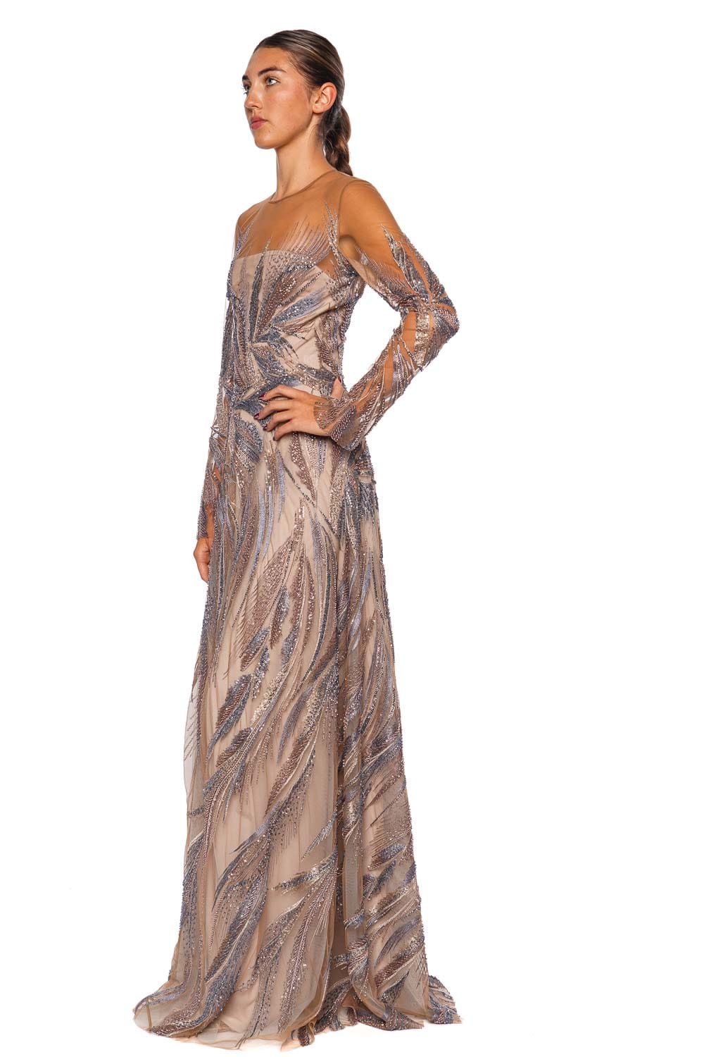 Naeem Khan Beaded Illusion Long Sleeve Gown
