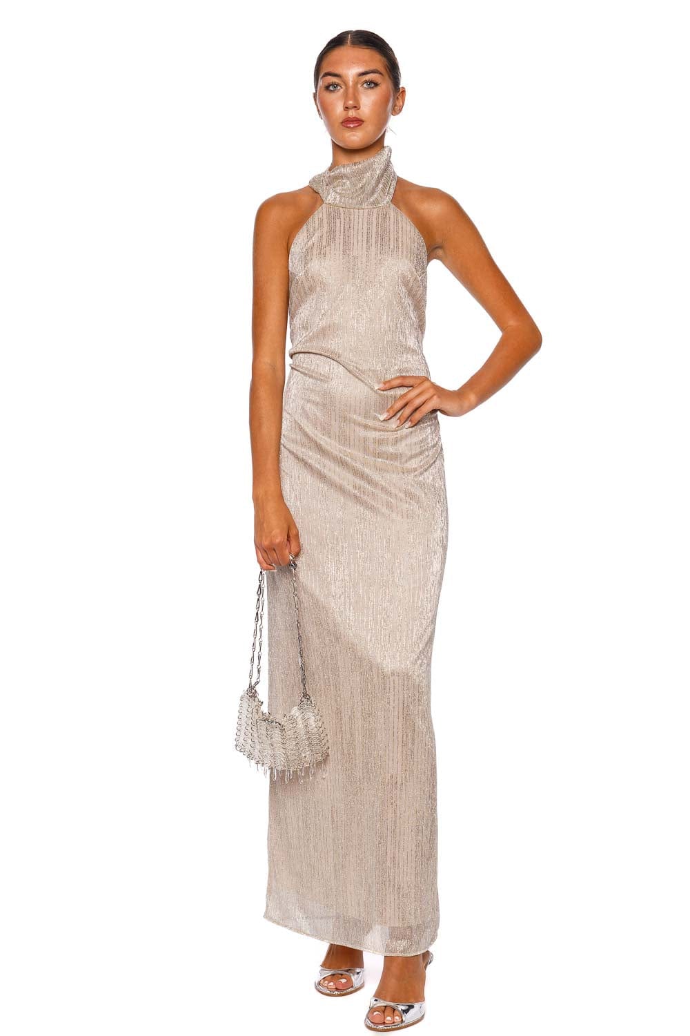 BAOBAB Chianti Pinot Metallic Halter Maxi Dress