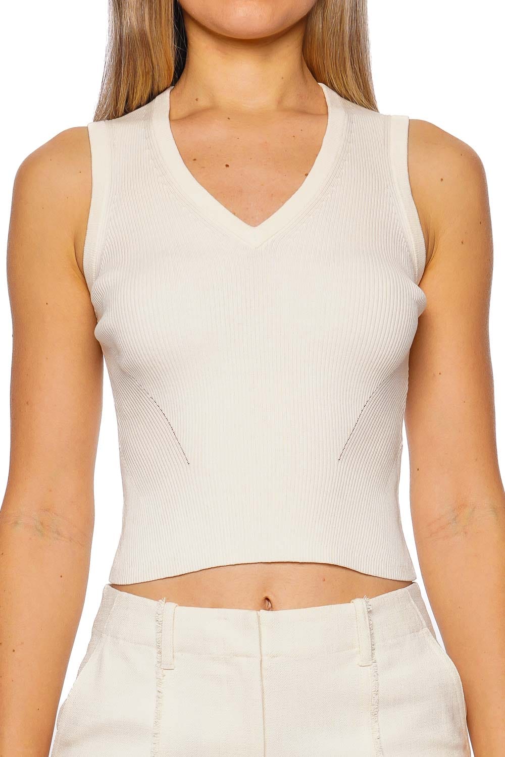 SIMKHAI Amenah Ivory Ribbed Knit Top