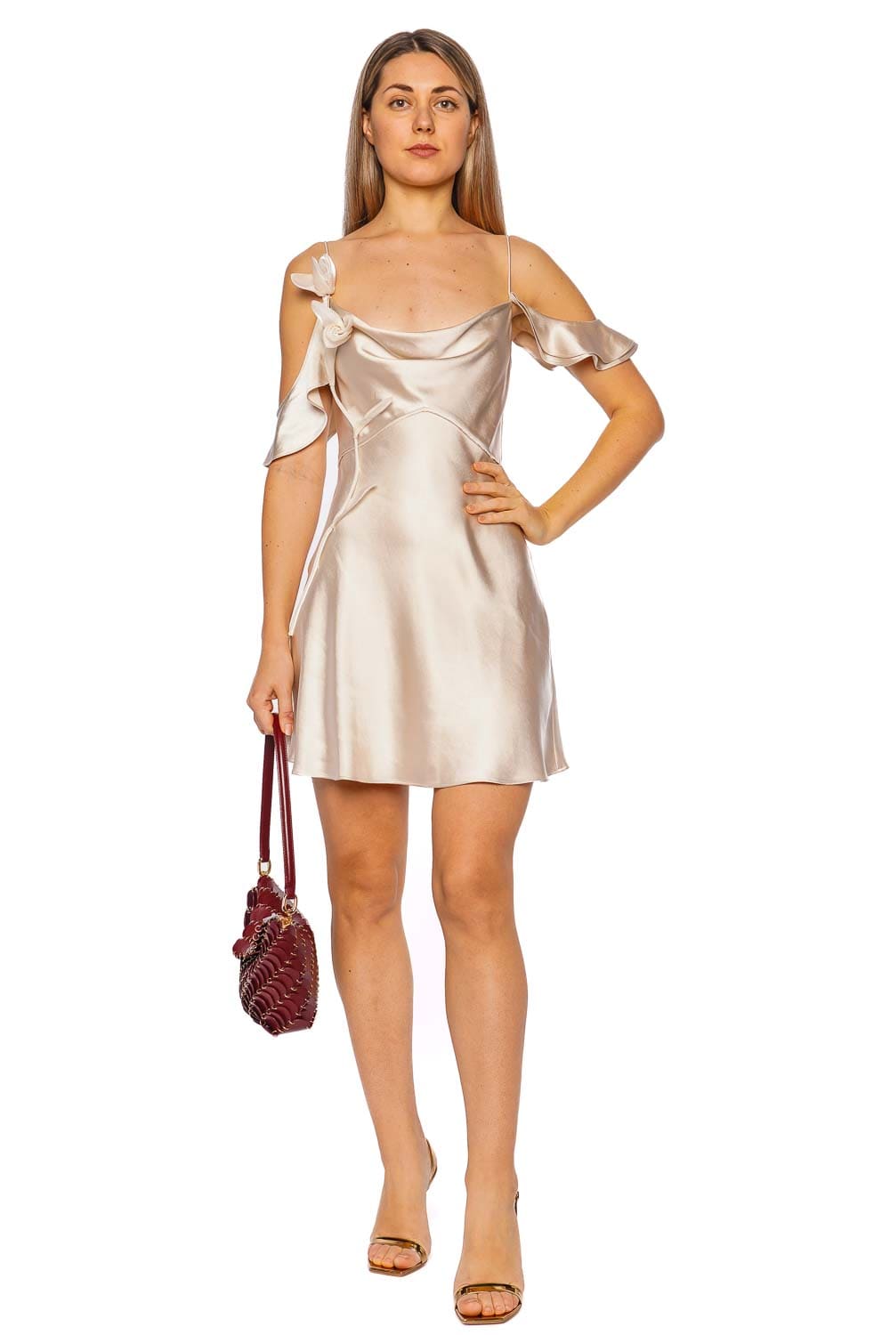 Self-Portrait Champagne Flower Satin Mini Dress