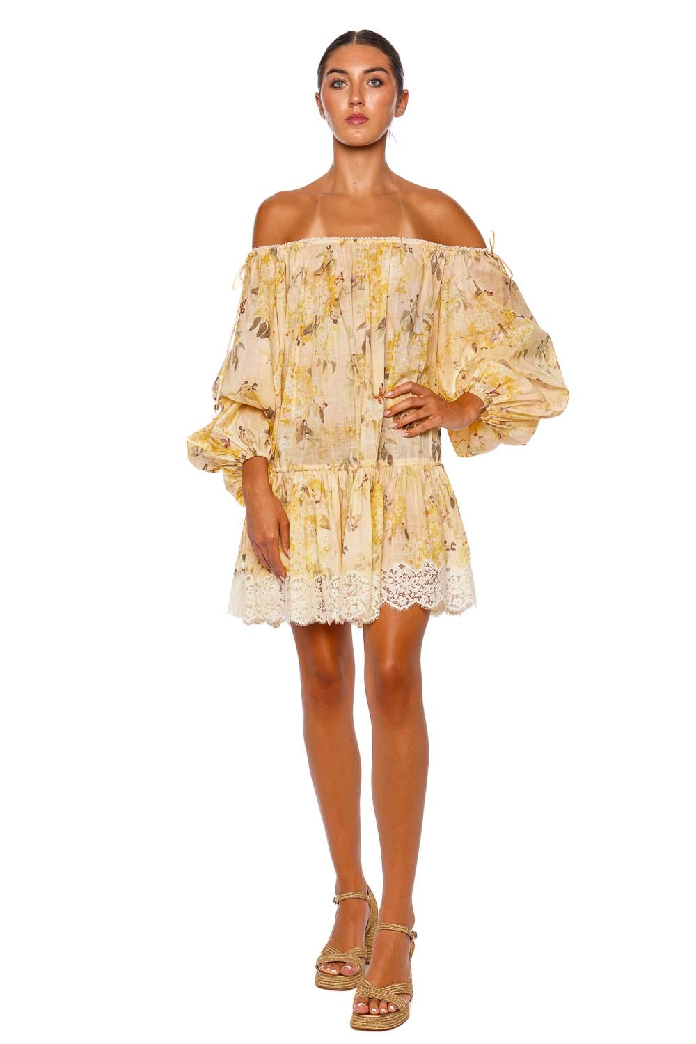 ZIMMERMANN Cascadian Yellow Floral Tiered Mini Dress