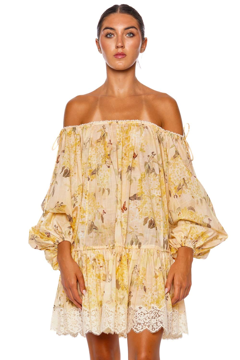 ZIMMERMANN Cascadian Yellow Floral Tiered Mini Dress