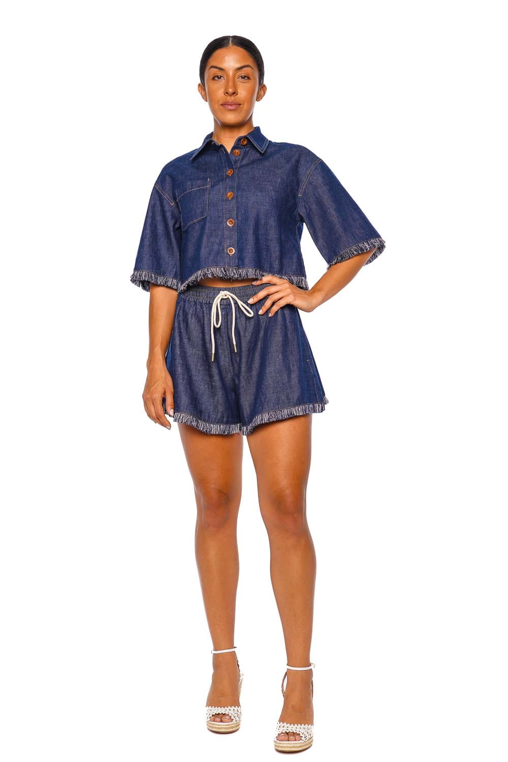ZIMMERMANN Rhiannon Fringe Denim Short Sleeve Shirt