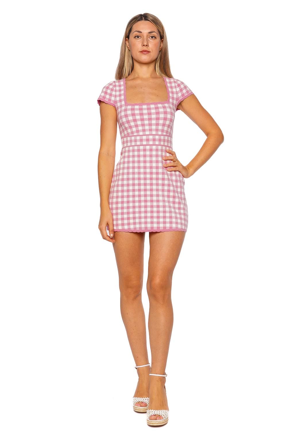 LoveShackFancy Kellen Pink Plaid Knit Mini Dress