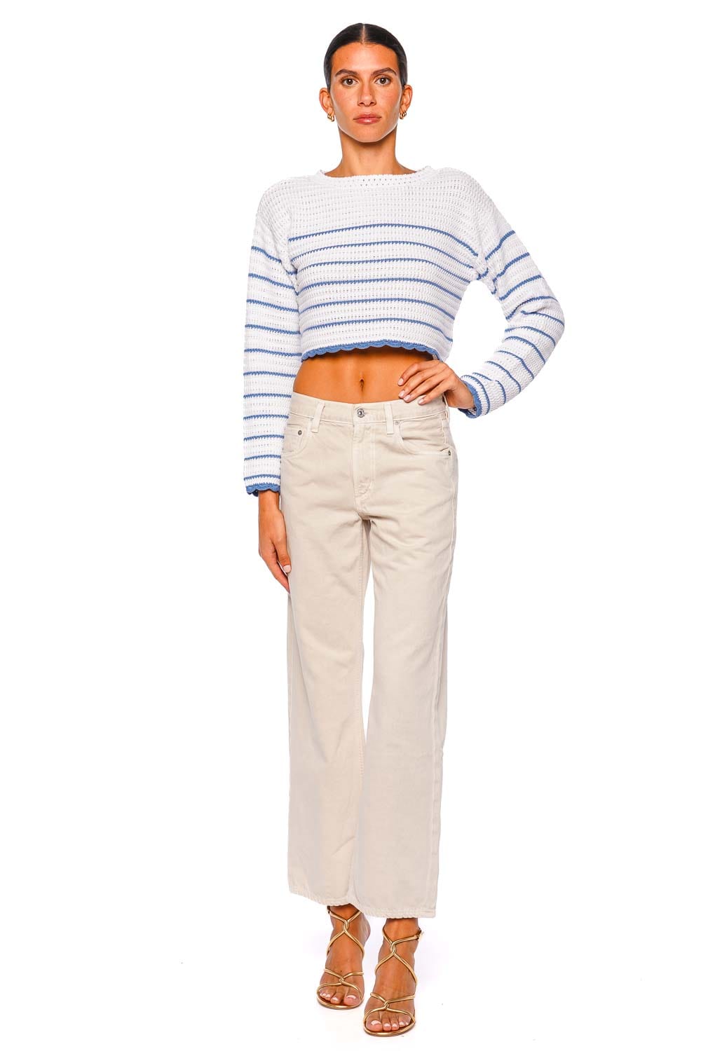 LoveShackFancy Shore Long Sleeve Cropped Pullover Maritime Stripes