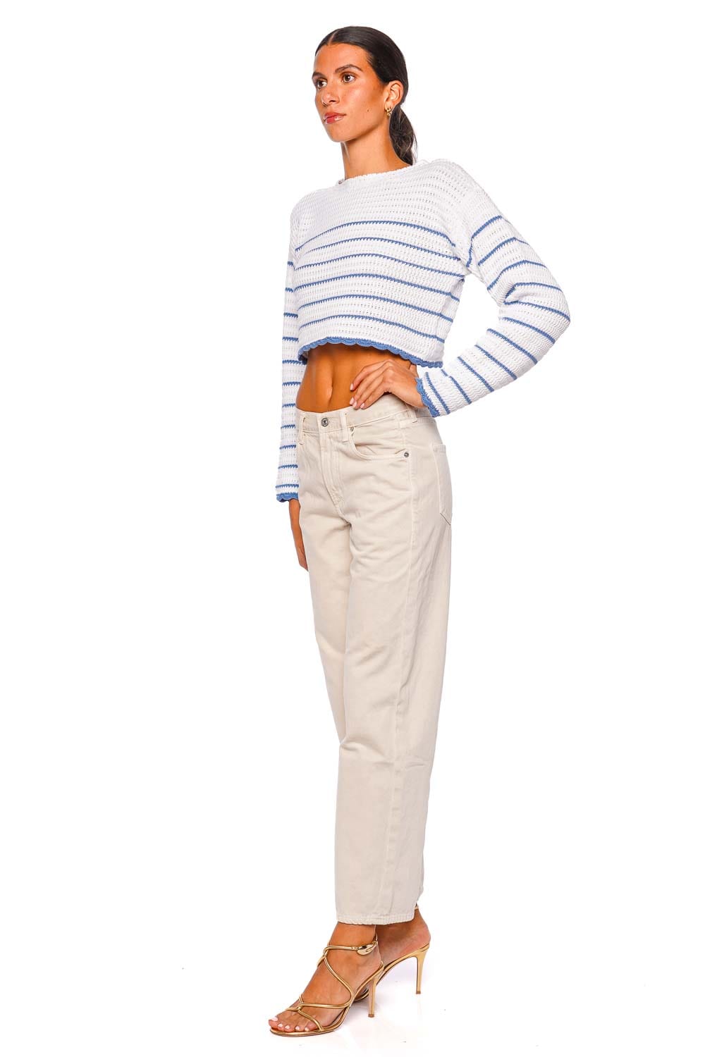 LoveShackFancy Shore Long Sleeve Cropped Pullover Maritime Stripes